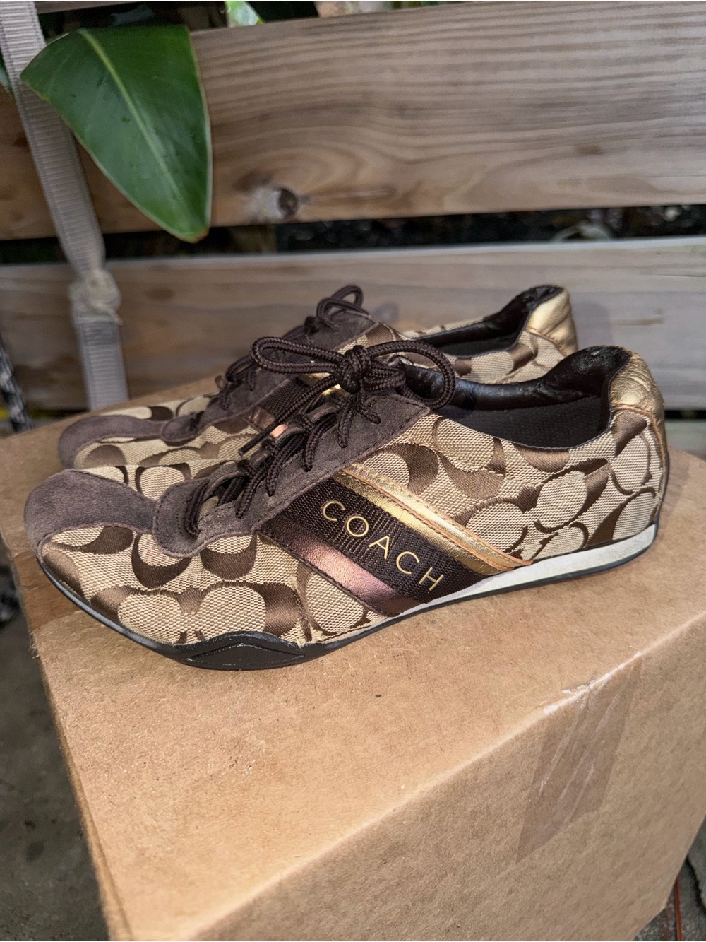 Coach Brown Signature Logo Low-Top Sneakers with Gold Accent